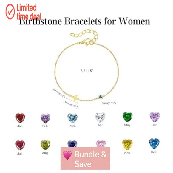 14K Gold Plated Cross Birthstone Bracelet, Adjustable, Religious Gift - Picture 5 of 8